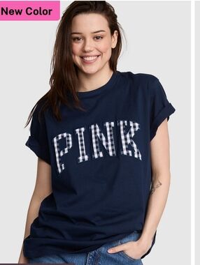 PINK COTTON CAMPUS TEE NEW XS Summer Plaid Oversized Victoria's Secret Noir Navy